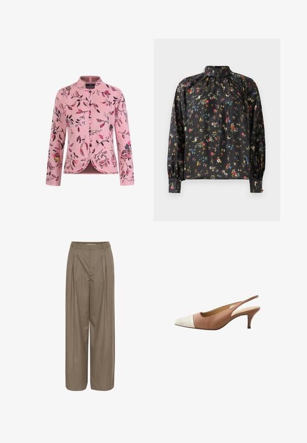 Lyserød jakke med blomsterprint, rund udskæring, lange ærmer og knaplukninger foran. Har varierede blade- og blomstermotiver.; Sort bluse med lange ærmer, høj krave og draperet halsudskæring. Har et levende blomsterprint i flere farver på et glat stoff.; Plisserede bukser med bred ben i en lys brun stof, med en struktureret talje og en glat tekstur, designet til komfort og alsidighed.; Brun slingback kitten hæl med spidset cremefarvet tekstureret tå og lav tilspidset hæl på hvid baggrund.