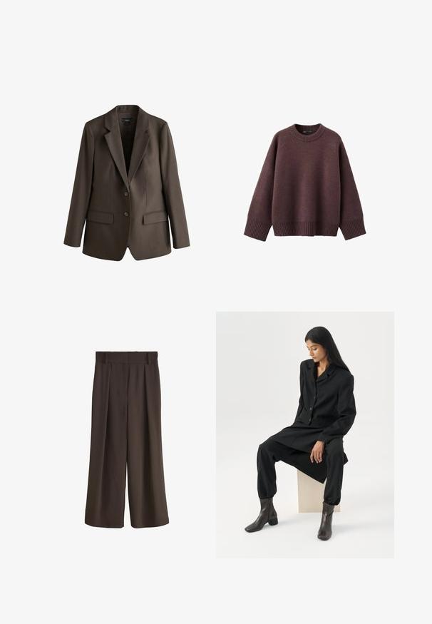 Mørkebrun skræddersyet blazer med to knapper, revers med hak, lange ærmer og klaplommer foran.; Løs pasform sweater i mørk bordeaux, lavet af blødt strikket stof. Har en ribstrikket rund hals, vide ærmer og en ribstrikket kant.; Højttaljede, vidde-benet mørkebrune bukser med bæltestropper og for-pressede læg, vist på en hvid baggrund.; Kvinde med langt mørkt hår, siddende iført en løs sort blazer, matchende vidde bukser og mørke ankelstøvler mod en ensfarvet hvid baggrund.