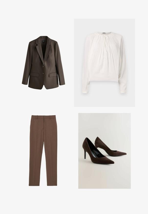 Mørkebrun skræddersyet blazer med to knapper, revers med hak, lange ærmer og klaplommer foran.; Hvid langærmet bluse med rund halsudskæring og plisseret front. Blødt, glat stof med afslappet pasform og knapdetalje ved kraven.; Brune skræddersyede bukser med lige ben, bæltestropper og en pressefolder ned langs midten af hvert ben, vist fladt på en hvid baggrund.; Brune ruskind høje hæle med spidse tæer og en slank silhuet. Skoene har en blank sort indvendig og en slank stiletto hæl.