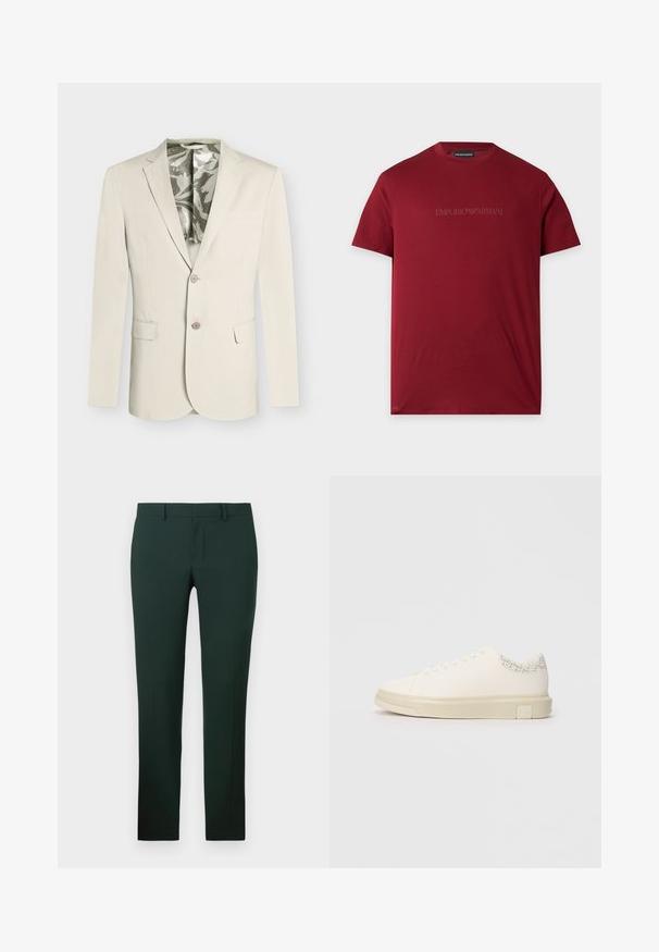 Beige herreblazer med to knapper, notch revers, forlommelommer, brystlomme og mønstret gråt og hvidt inderfor.; Burgundy kortærmet Emporio Armani T-shirt med rund hals og diskret broderet logo på brystet.; Mørkegrønne bukser med en lige ben-design, lavet af et glat stof. Har en flad front og standard talje med bæltesløjfer.; Hvide sneakers med en glat lærredsoverdel, flade snørebånd, polstret krave og en struktureret grå detalje bagpå. Kraftig gummisål.