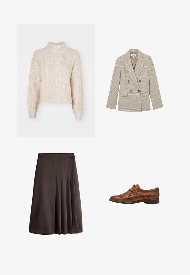 Beige en bruin geruit blazer met dubbele knoopsluiting, brede revers, vier bruine knopen en klepzakken, met label REISS, maat 6 UK.; Crème-kleurige cropped trui met een hoge nek, met een getextureerd kabelbreipatroon en lange, iets pofmouwen.; Bruine rok tot op de knie met meerdere plooien en een rechte tailleband.; Bruine leren brogue oxford schoen met wingtip-details, perforaties, veters en lage gestapelde hak op een witte achtergrond.