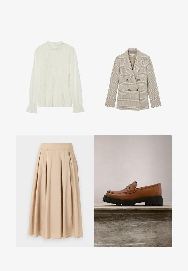 Blazer cruzado de cuadros beige y marrón con solapas anchas, cuatro botones marrones y bolsillos con solapa, etiqueta REISS, talla 6 UK.; Blusa blanca de manga larga con cuello volantes, cuerpo fruncido y puños acampanados, fabricada en tela texturizada con un dobladillo en peplum.; Falda plisada beige hasta la rodilla con una cinturilla ancha, hecha de tela ligera, presentada sobre un fondo blanco liso.; Mocasín de cuero marrón con suela gruesa negra flotando sobre una superficie de madera, con hierba alta y verde de fondo.