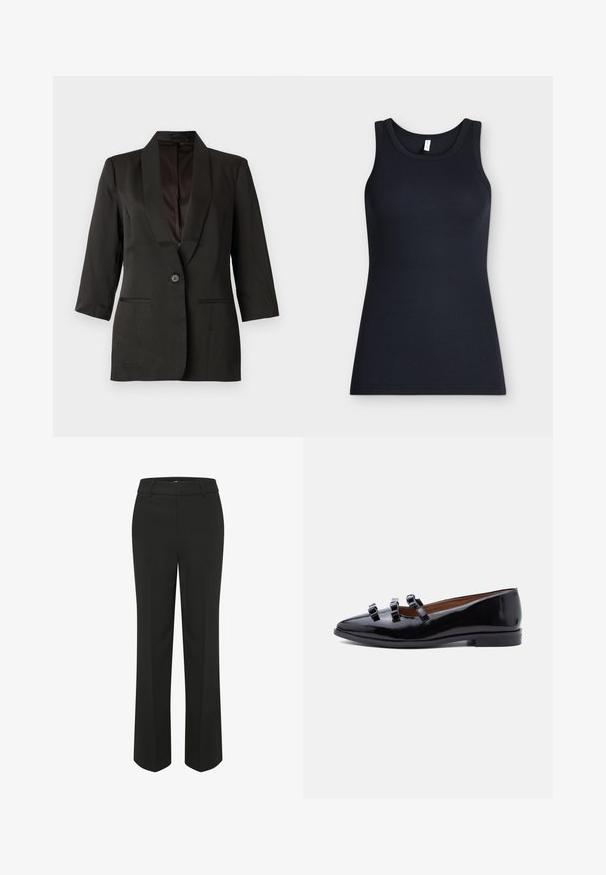 Sort, skræddersyet blazer med reverskrave, lukning med enkelt knap og trekvartlange ærmer; har sidelommer og glat tekstur.; Sort ærmeløs ribstrikket tanktop med rund halsudskæring, vist fladt mod en lys baggrund.; Sorte, vide benbukser med en glat overflade. Har en tætsiddende livlinje og rene, skræddersyede linjer for et minimalistisk design.; Sort laklæder flad sko med tre tynde remme over toppen og en lav hæl, vist i profil mod en hvid baggrund.
