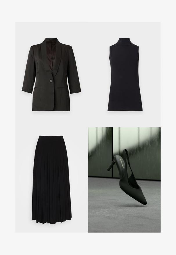 Sort, skræddersyet blazer med reverskrave, lukning med enkelt knap og trekvartlange ærmer; har sidelommer og glat tekstur.; Sort ærmeløs turtleneck top, lavet af glat stof. Figurtilpasset design med høj hals og lige kant, minimalistisk og ensfarvet.; Sort plisseret nederdel med et højt, strækbart taljebånd. Lavet af blødt stof, med lodrette plisseringer for en flydende silhuet.; Sort slingback sko med høj hæl, spids tå og ankelrem, mærket "ANNA FIELD", svævende let over en grå overflade.