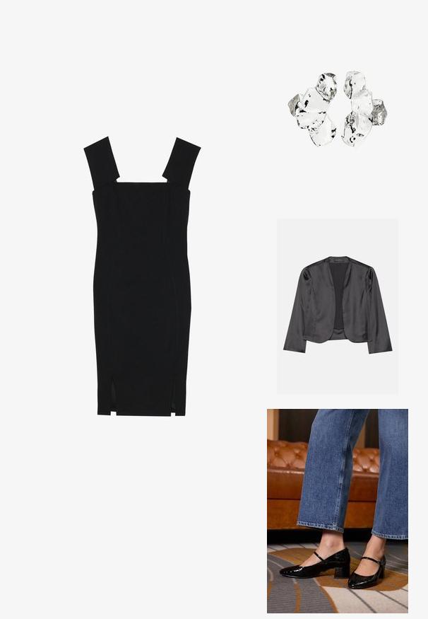 Blazer de satén negro con una textura suave, diseño de frente abierto, manga larga y silueta minimalista. Etiquetado "ANNA FIELD" en el interior.; Vestido ajustado negro con escote cuadrado, tirantes anchos y aberturas laterales; hecho de una tela suave con una silueta entallada.; Zapatos de charol negros con punta afilada, tacón cuadrado y correa en el tobillo, llevados con jeans de pierna ancha, sobre una alfombra estampada.; Conjunto de seis piezas de forma irregular, translúcidas y reflectantes, similares al vidrio, dispuestas sobre un fondo blanco.