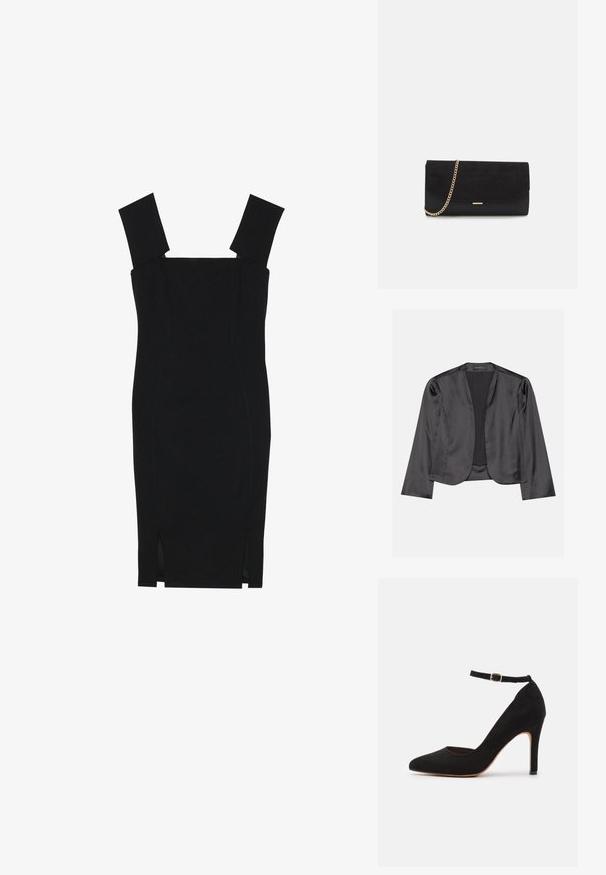 Zwart satijnen blazer met een gladde textuur, open voorkant, lange mouwen en een minimalistisch silhouet. Binnenin gelabeld als "ANNA FIELD".; Zwarte bodycon jurk met een vierkante halslijn, brede schouderbanden en zijsplitten; gemaakt van een soepele stof met een figuurvolgend silhouet.; Zwarte suede hoge hak schoen met een spitse neus en enkelbandje. Gekenmerkt door een gouden gesp en een slanke, taps toelopende hak.; Zwarte clutch tas gemaakt van suede met een textuurafwerking, voorzien van een gouden schouderband en een strakke, hoekige vorm.
