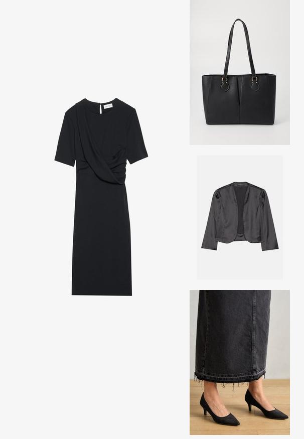 Sort satin blazer med en glat tekstur, åben frontdesign, lange ærmer og minimalistisk silhuet. Mærket "ANNA FIELD" indeni.; Sort kjole med korte ærmer, draperet frontdetalje, tætsiddende silhuet og rund halsudskæring med et lille udsnit i ryggen.; Sorte ruskindpumps med spids tå og en 3 tommer hæl, parret med en lang, mørk denimskørt med frynset kant.; Sort faux læder tote taske med en tekstureret finish, to lange håndtag og hardware i guld tone-accenter på siden. Rektangulær form.