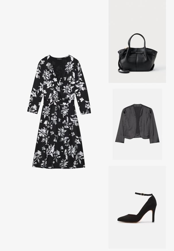 Sort satin blazer med en glat tekstur, åben frontdesign, lange ærmer og minimalistisk silhuet. Mærket "ANNA FIELD" indeni.; Sort blomsterkjole med lange ærmer, der har sølvfarvede blomster mønstre, en V-halsudskæring og talje med bælte. Blødt stof med en svajende nederdel.; Sort ruskind højhælet sko med spids tå og ankelrem. Har en guldbælte og en slank, tilspidset hæl.; Sort læderhåndtaske med korte håndtag, aftagelig skulderrem og guld logoaccent. Har et struktureret design og en glat tekstur.