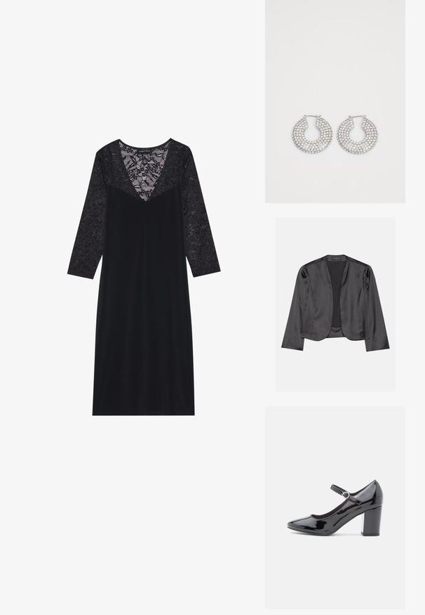 Zwart satijnen blazer met een gladde textuur, open voorkant, lange mouwen en een minimalistisch silhouet. Binnenin gelabeld als "ANNA FIELD".; Zwarte jurk met een kanten lijfje, lange mouwen en een diepe V-hals. Soepele stof met een kantenstructuur en een bloemenpatroon op de mouwen.; Zwarte gepatineerde leren hoge hak met een ronde neus, enkelbandje en een blokhak. Glanzende afwerking met een gladde textuur.; Zilveren hoepeloorbellen versierd met meerdere heldere kristalaccenten, met een gestructureerd oppervlak en een open cirkelvormig ontwerp.