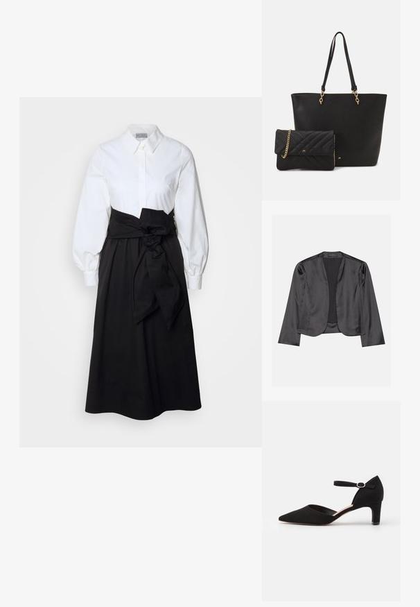 Blouson en satin noir avec une texture lisse, design à ouverte à l'avant, manches longues et silhouette minimaliste. Étiqueté "ANNA FIELD" à l'intérieur.; Chemisier blanc à manches bouffantes longues, associé à une jupe noire et une ceinture en tissu nouée à la taille, fabriqué en coton lisse.; Pompe en suède noir avec un bout pointu, une bride de cheville avec une boucle circulaire et un petit talon carré. Texture lisse et design minimaliste.; Sac fourre-tout en simili cuir noir avec deux poignées robustes et des accents dorés, associé à une petite pochette noire matelassée avec une chaîne.