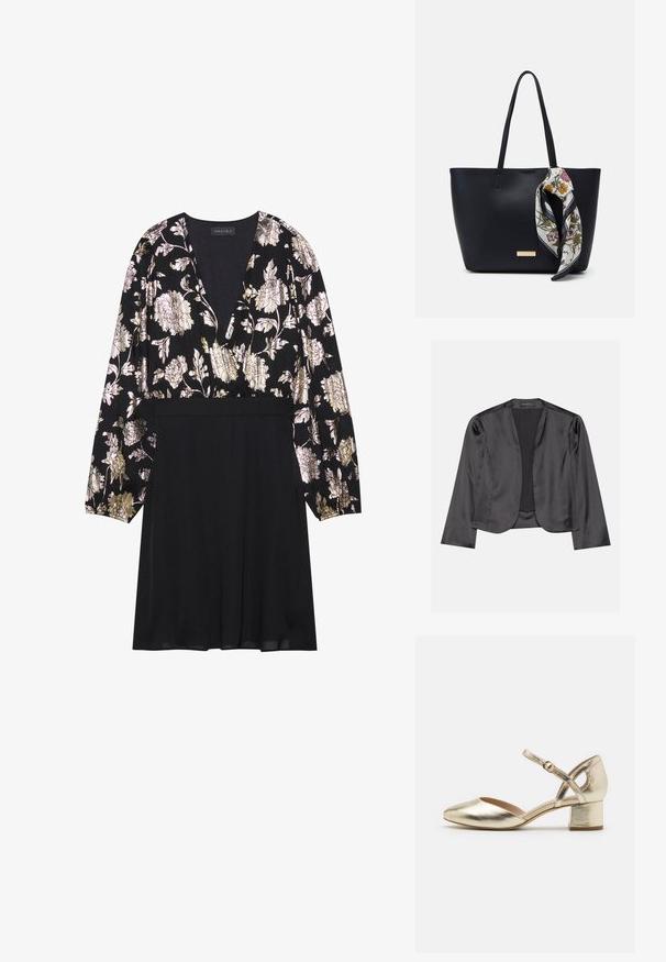 Sort satin blazer med en glat tekstur, åben frontdesign, lange ærmer og minimalistisk silhuet. Mærket "ANNA FIELD" indeni.; Sort kjole med lange ærmer, der har et blomstret mønster i guld og sølv på toppen og en struktureret, ensfarvet sort nederdel. V-hals design.; Guldmetallic hæle med rund tå, ankelrem og blokhæle. Glat tekstur med en skinnende finish og tværrem-design.; Sort læder tote taske med to skulderremme, prydet med et blomsterprint silkeslør bundet om håndtaget og en metallisk logo detalje på forsiden.