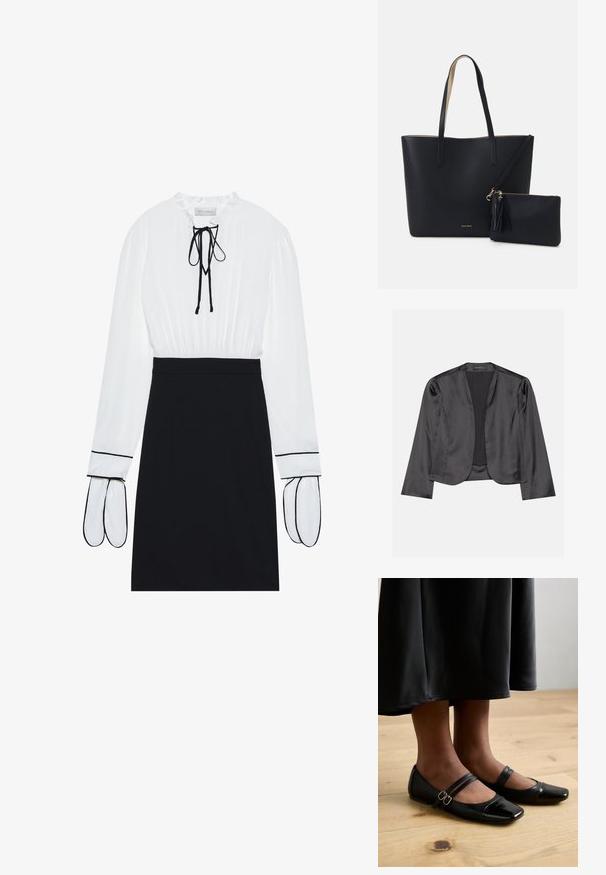 Sort satin blazer med en glat tekstur, åben frontdesign, lange ærmer og minimalistisk silhuet. Mærket "ANNA FIELD" indeni.; Hvid bluse med en samlet halsudskæring og snøre; sort tætsiddende nederdel med kontrasterende hvid piping på ærmerne. Glat stoffets tekstur.; Sorte laklæder flade sko med firkantet tå, der har to stropper med spænder. Sålerne er flade på et lyst trægulv.; Sort tote taske med struktureret materiale, to lange håndtag og en aftagelig lynlåspose med en frynse-detalje. Guld mærkelogo synligt.