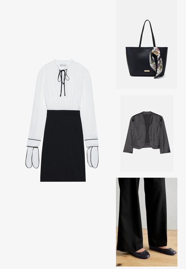 Blouson en satin noir avec une texture lisse, design à ouverte à l'avant, manches longues et silhouette minimaliste. Étiqueté "ANNA FIELD" à l'intérieur.; Blouse blanche avec un col froncé et un cordon de serrage ; jupe noire ajustée avec des passepoils blancs contrastants sur les manches. Texture de tissu lisse.; Pantalons larges noirs avec une surface texturée, associés à des chaussures plates ornées d'un nœud et d'un subtil design en croco embossé noir.; Sac fourre-tout en cuir noir avec deux poignées, orné d'une écharpe en soie florale attachée à la poignée et d'un accent logo métallique à l'avant.