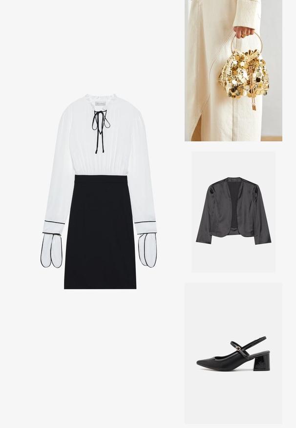 Sort satin blazer med en glat tekstur, åben frontdesign, lange ærmer og minimalistisk silhuet. Mærket "ANNA FIELD" indeni.; Hvid bluse med en samlet halsudskæring og snøre; sort tætsiddende nederdel med kontrasterende hvid piping på ærmerne. Glat stoffets tekstur.; Sorte patentlæder slingback hæle med spids tå, rund udskæring og blokhæl. Har en guldtonet spændeaccents.; Guld paliettrækkevogn med et cirkulært håndtag, der har skinnende runde paljetter og et tekstureret stof. Dimensioner er ikke angivet.