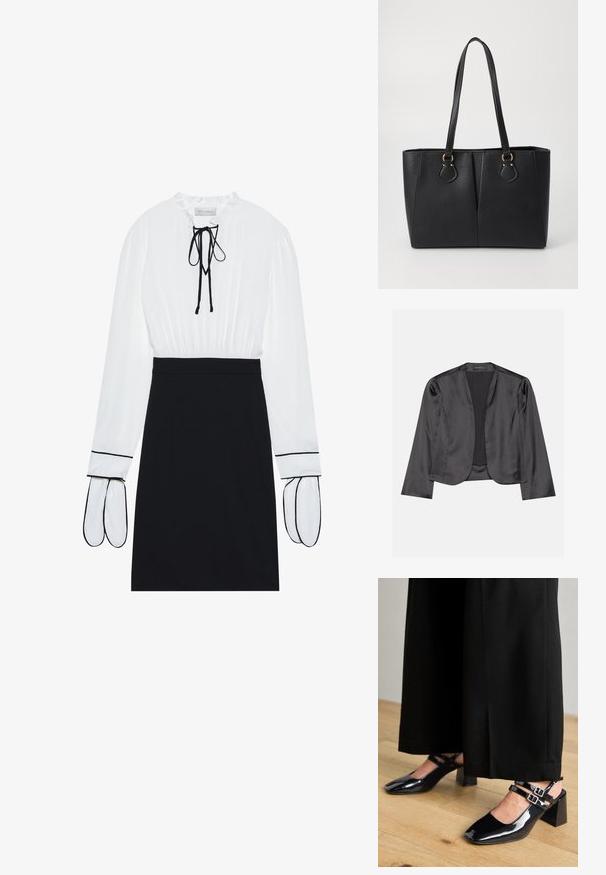 Blazer de satén negro con una textura suave, diseño de frente abierto, manga larga y silueta minimalista. Etiquetado "ANNA FIELD" en el interior.; Blusa blanca con escote fruncido y cordón; falda negra ajustada con ribetes blancos en las mangas. Textura de tejido suave.; Zapatos de charol negro tipo slingback con puntera cuadrada, que cuentan con dobles correas ajustables en el tobillo y tacones en bloque. Acabado suave y brillante.; Bolso tote de cuero sintético negro con un acabado texturizado, dos asas largas y detalles en tono dorado en el lateral. Forma rectangular.