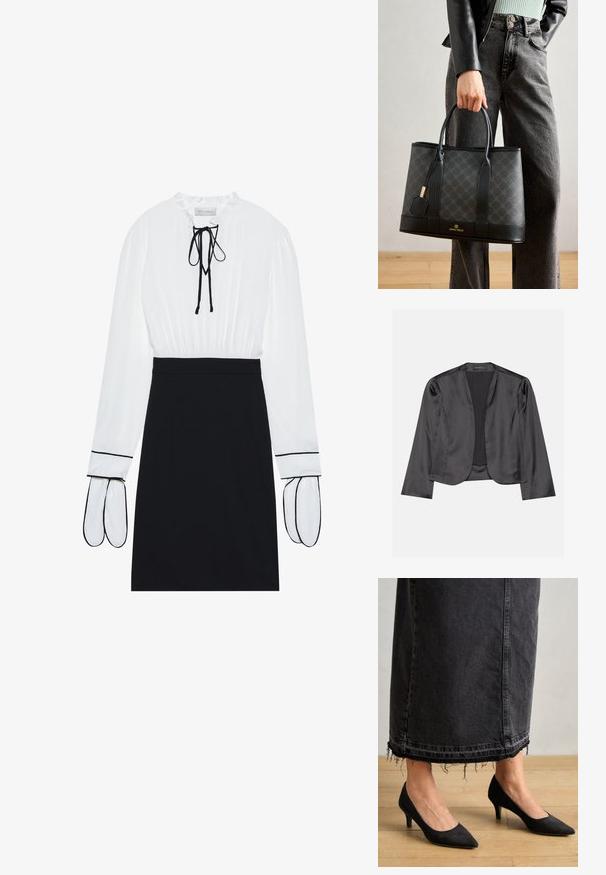 Blouson en satin noir avec une texture lisse, design à ouverte à l'avant, manches longues et silhouette minimaliste. Étiqueté "ANNA FIELD" à l'intérieur.; Blouse blanche avec un col froncé et un cordon de serrage ; jupe noire ajustée avec des passepoils blancs contrastants sur les manches. Texture de tissu lisse.; Escarpins en suede noirs avec un bout pointu et un talon de 3 pouces, associés à une longue jupe en denim foncé présentant des détails d'ourlet effilochés.; Sac fourre-tout noir avec un motif subtil, des accents en cuir, des poignées robustes et un logo doré en bas. Porté par une personne en jeans gris.