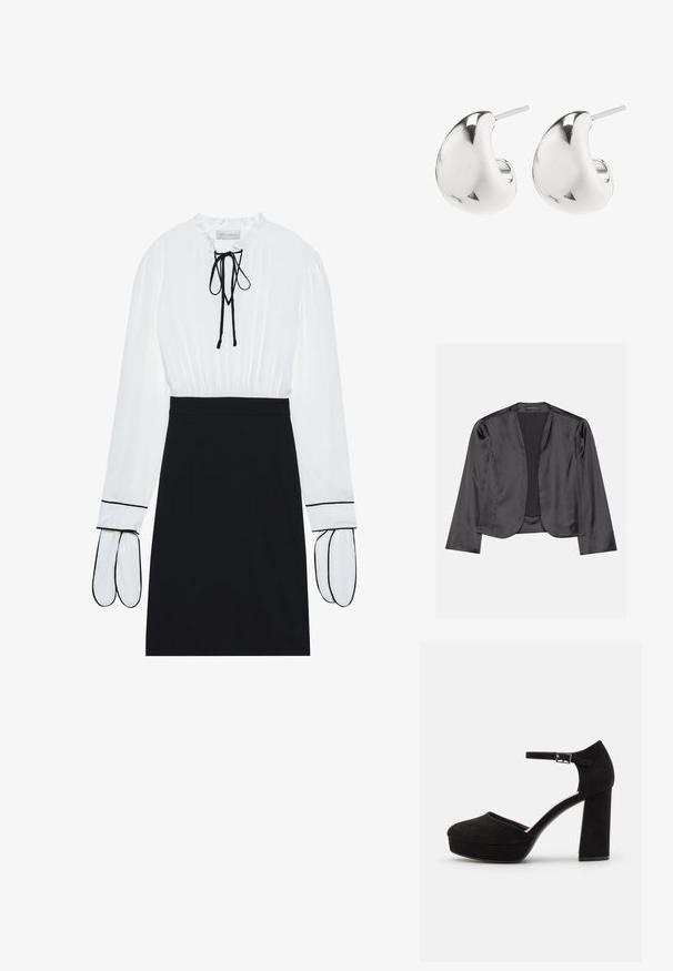 Sort satin blazer med en glat tekstur, åben frontdesign, lange ærmer og minimalistisk silhuet. Mærket "ANNA FIELD" indeni.; Hvid bluse med en samlet halsudskæring og snøre; sort tætsiddende nederdel med kontrasterende hvid piping på ærmerne. Glat stoffets tekstur.; Sorte ruskinds platform hæle med en tyk blokhæl, rund tå og ankelrem fastgjort med en metalspænde. Glat tekstur hele vejen igennem.; Sølv stud øreringe med et glat, buet design. De har en poleret overflade og en stift, der sikrer sikker bæring.