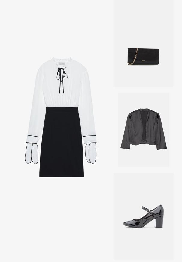 Blouson en satin noir avec une texture lisse, design à ouverte à l'avant, manches longues et silhouette minimaliste. Étiqueté "ANNA FIELD" à l'intérieur.; Blouse blanche avec un col froncé et un cordon de serrage ; jupe noire ajustée avec des passepoils blancs contrastants sur les manches. Texture de tissu lisse.; Chaussure à talon haut en cuir verni noir avec un bout rond, une bride de cheville et un talon carré. Fini brillant avec une texture lisse.; Porte-monnaie noir en daim avec une finition texturée, doté d'une chaîne dorée et d'un design épuré et angulaire.