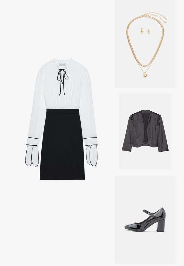 Sort satin blazer med en glat tekstur, åben frontdesign, lange ærmer og minimalistisk silhuet. Mærket "ANNA FIELD" indeni.; Hvid bluse med en samlet halsudskæring og snøre; sort tætsiddende nederdel med kontrasterende hvid piping på ærmerne. Glat stoffets tekstur.; Sorte patenterede læder højhælede sko med rund tå, ankelrem og blok hæl. Skinnende overflade med en glat tekstur.; Guldsmykkesæt med en lagdelt halskæde med en dråbeformet vedhæng og matchende stud øreringe, alt sammen med en poleret overflade.