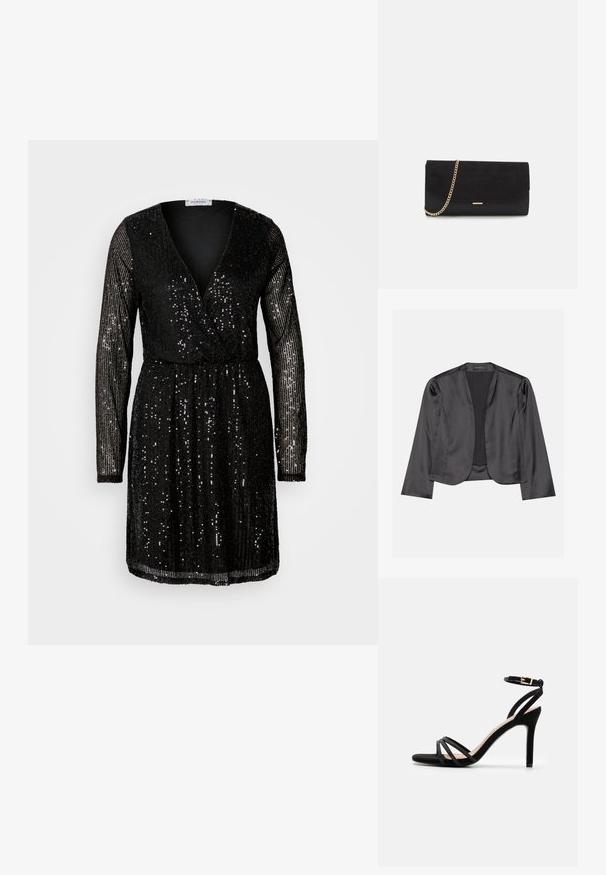 Blazer de satén negro con una textura suave, diseño de frente abierto, manga larga y silueta minimalista. Etiquetado "ANNA FIELD" en el interior.; Vestido negro con lentejuelas que presenta mangas largas, un escote en V profundo y una cintura ajustada. Las lentejuelas cubren toda la prenda, reflejando la luz.; Anna Field Sandalias - black; Bolso de mano negro hecho de ante con un acabado texturizado, que presenta una cadena dorada y un diseño elegante y angular.