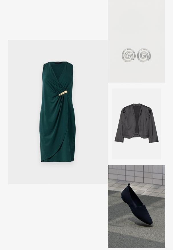 Sort satin blazer med en glat tekstur, åben frontdesign, lange ærmer og minimalistisk silhuet. Mærket "ANNA FIELD" indeni.; Grøn, ærmeløs kjole med indviklet design og draperet stof. Har et guldaccent ved taljen. Glat tekstur.; Sorte flade sko med spids tå, glat tekstur og minimalistisk design. Har en lille hæl og en løkke ved ryggen.; Par sølvspiral øreringe med glat, afrundet design på en ensartet hvid baggrund.