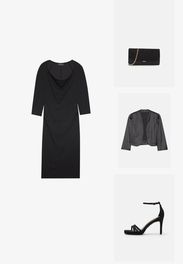 Blazer de satén negro con una textura suave, diseño de frente abierto, manga larga y silueta minimalista. Etiquetado "ANNA FIELD" en el interior.; Vestido negro con escote drapeado, mangas tres cuartos, forma ajustada y sutil fruncido en los lados. Fabricado con una tela suave.; Sandaía de tacón alto de ante negro con punta abierta, que cuenta con tres correas estrechas en la parte frontal y una correa en el tobillo ajustable.; Bolso de mano negro hecho de ante con un acabado texturizado, que presenta una cadena dorada y un diseño elegante y angular.