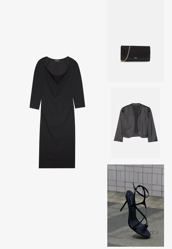 Čierny saténový blazer s hladkým povrchom, otvoreným predným dizajnom, dlhými rukávmi a minimalistickou siluetou. Vo vnútri označené "ANNA FIELD".; Čierne šaty s výstrihom do písmena "cowl", tromi štvrtinovými rukávmi, priliehavým strihom a jemným nabrúsením po bokoch. Vyrobené z hladkej látky.; Čierna sandála na vysokom podpätku s tenkými remienkami a prackou okolo členku, umiestnená vzpriamene na sivom chodníku pri stene s dlaždičkami.; Čierna spojka zamszová kabelka s štruktúrovaným povrchom, vybavená zlatým reťazovým ramienkom a štýlovým, ostrým dizajnom.