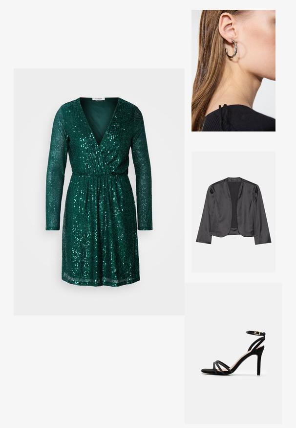Blouson en satin noir avec une texture lisse, design à ouverte à l'avant, manches longues et silhouette minimaliste. Étiqueté "ANNA FIELD" à l'intérieur.; Robe en sequins verts avec des manches longues, un décolleté en V profond et une taille élastique. Texturée avec des sequins brillants disposés verticalement.; Anna Field by Zalando Sandales - black; Boucle d'oreille en argent avec une finition polie, présentant de petits détails en or et de forme ronde, portée sur le lobe.