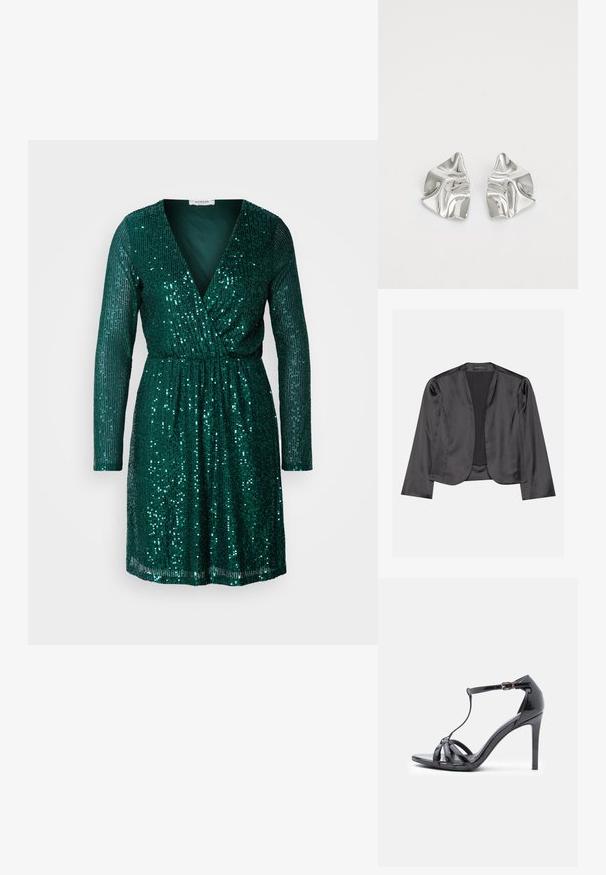 Blouson en satin noir avec une texture lisse, design à ouverte à l'avant, manches longues et silhouette minimaliste. Étiqueté "ANNA FIELD" à l'intérieur.; Robe en sequins verts avec des manches longues, un décolleté en V profond et une taille élastique. Texturée avec des sequins brillants disposés verticalement.; Sandale à talons hauts en cuir verni noir avec des fines lanières, design en T, fermeture à boucle et silhouette élégante et courbée.; Boucles d'oreilles en métal argenté avec un design ondulé et sculptural, présentant une finition polie et des formes irrégulières, mettant en valeur une esthétique contemporaine.