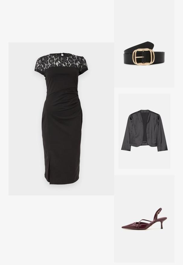 Blouson en satin noir avec une texture lisse, design à ouverte à l'avant, manches longues et silhouette minimaliste. Étiqueté "ANNA FIELD" à l'intérieur.; Robe noire mi-longue jusqu'aux genoux avec manches courtes en dentelle et empiècement, taille cintrée et petite fente à l'avant.; Chaussures à talons en cuir verni bordeaux, à bout pointu, avec des sangles décoratives et des accents dorés. Hauteur de talon de 5 cm.; Ceinture en cuir noir avec une boucle rectangulaire en ton or aux bords arrondis, texture lisse et design élégant.