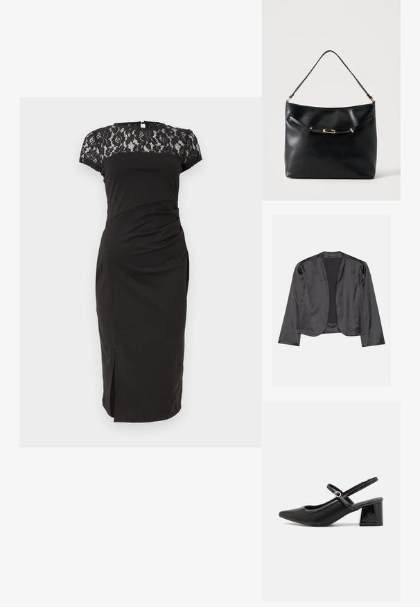 Blouson en satin noir avec une texture lisse, design à ouverte à l'avant, manches longues et silhouette minimaliste. Étiqueté "ANNA FIELD" à l'intérieur.; Robe noire mi-longue jusqu'aux genoux avec manches courtes en dentelle et empiècement, taille cintrée et petite fente à l'avant.; Escarpins slingback en cuir verni noir avec un embout pointu, un design à découpes arrondies et un talon carré. Présente un accent de boucle en ton doré.; Sac à épaule en cuir noir avec une bandoulière unique et un petit détail de boucle dorée à l'avant, sur un fond clair uni.