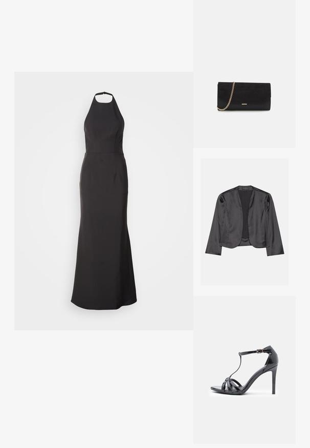 Schwarzer Satin-Blazer mit glatter Textur, offenes Vorderdesign, lange Ärmel und minimalistischer Silhouette. Innen mit dem Etikett "ANNA FIELD".; Schwarzes Abendkleid mit Halsband und figurbetontem Oberteil sowie ausgestelltem Rock. Hergestellt aus glattem Stoff, mit klaren Linien und ohne sichtbare Muster.; Schwarze Lackleder-Sandaletten mit hohen Absätzen, dünnen Riemen, T-Bar-Design, Schnallenverschluss und einer eleganten, kurvigen Silhouette.; Schwarze Clutch aus Wildleder mit strukturierter Oberfläche, ausgestattet mit einem goldenen Kettenriemen und einem eleganten, kantigen Design.
