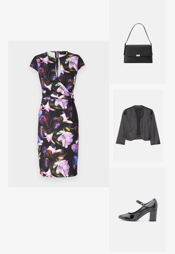 Blouson en satin noir avec une texture lisse, design à ouverte à l'avant, manches longues et silhouette minimaliste. Étiqueté "ANNA FIELD" à l'intérieur.; Robe florale avec un fond noir, présentant un décolleté en trou de serrure, des manches courtes et un design enroulé. Décorée de grandes fleurs colorées.; Chaussure à talon haut en cuir verni noir avec un bout rond, une bride de cheville et un talon carré. Fini brillant avec une texture lisse.; Sac à main noir en matériau texturé avec une forme structurée. Présente une fermeture à rabat, un accent en métal doré et une poignée unique.