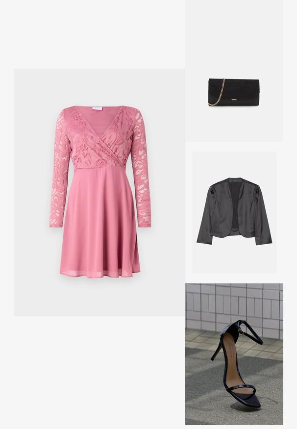 Blouson en satin noir avec une texture lisse, design à ouverte à l'avant, manches longues et silhouette minimaliste. Étiqueté "ANNA FIELD" à l'intérieur.; Robe rose avec un corsage en dentelle ajusté, des manches longues, un décolleté en V et une jupe fluide en tissu doux.; Sandale à talons hauts en cuir verni noir avec bride à la cheville, boucle dorée et bout pointu, positionnée verticalement sur une surface de carrelage et d'asphalte.; Porte-monnaie noir en daim avec une finition texturée, doté d'une chaîne dorée et d'un design épuré et angulaire.