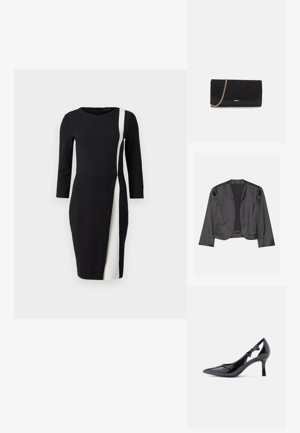 Sort satin blazer med en glat tekstur, åben frontdesign, lange ærmer og minimalistisk silhuet. Mærket "ANNA FIELD" indeni.; Sort kjole med trekvartærmer, der har en hvid diagonalt stribe. Fremstillet af glat stof, tætsiddende talje og knælangt design.; Sort laklæder højhælet pumpe med spids snude, ankelrem prydet med en sløjfe og en slank stiletthæl.; Sort clutch taske lavet af ruskind med en struktureret overflade, udstyret med en guld kædestrop og et elegant, kantet design.