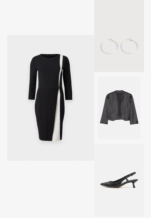 Sort satin blazer med en glat tekstur, åben frontdesign, lange ærmer og minimalistisk silhuet. Mærket "ANNA FIELD" indeni.; Sort kjole med trekvartærmer, der har en hvid diagonalt stribe. Fremstillet af glat stof, tætsiddende talje og knælangt design.; Sort læder slingback-sko med spidse tæer, lav blokhæle, udskårne sidedele og justerbar ankelrem. Glat tekstur hele vejen igennem.; Par skinnende sølvøreringe med tynde trådlåse, vist på en lys grå baggrund.