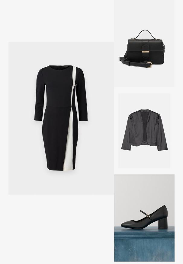 Zwart satijnen blazer met een gladde textuur, open voorkant, lange mouwen en een minimalistisch silhouet. Binnenin gelabeld als "ANNA FIELD".; Zwarte jurk met driekwartmouwen, voorzien van een witte diagonale streep. Gemaakt van gladde stof, met een aansluitende taille en een knielange snit.; Zwarte Mary Jane-schoen met blokhak en gouden gesp, zwevend boven een gladde betonnen vloer in een minimalistische binnenomgeving.; Zwarte leren handtas met gouden metalen accenten, rechthoekige vorm, flapsluiting, verstelbare schouderriem, soepele textuur, minimalistisch design.
