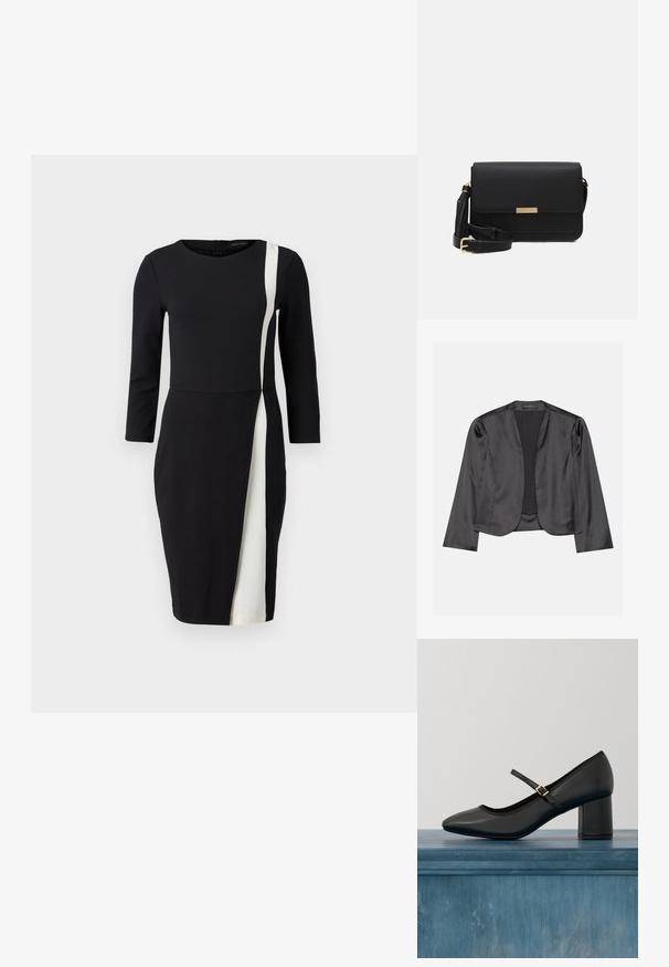 Sort satin blazer med en glat tekstur, åben frontdesign, lange ærmer og minimalistisk silhuet. Mærket "ANNA FIELD" indeni.; Sort kjole med trekvartærmer, der har en hvid diagonalt stribe. Fremstillet af glat stof, tætsiddende talje og knælangt design.; Sort Mary Jane-sko med blokhæl og guldfarvet spænde, svævende over et glat betongulv i en minimalistisk indendørs setting.; Sorte læder crossbody taske med flaplukning, guldfarvede Hardware, justerbar rem og tekstureret overflade. Kompakt rektangulær form.