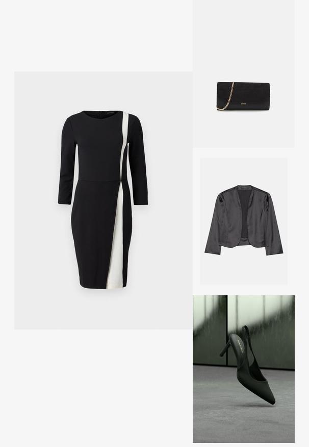 Zwart satijnen blazer met een gladde textuur, open voorkant, lange mouwen en een minimalistisch silhouet. Binnenin gelabeld als "ANNA FIELD".; Zwarte jurk met driekwartmouwen, voorzien van een witte diagonale streep. Gemaakt van gladde stof, met een aansluitende taille en een knielange snit.; Zwarte slingback hoge hak met spitse neus en enkelriempje, merk "ANNA FIELD", licht zwevend boven een grijs oppervlak.; Zwarte clutch tas gemaakt van suede met een textuurafwerking, voorzien van een gouden schouderband en een strakke, hoekige vorm.