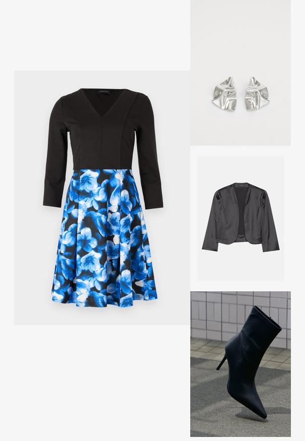 Schwarzer Satin-Blazer mit glatter Textur, offenes Vorderdesign, lange Ärmel und minimalistischer Silhouette. Innen mit dem Etikett "ANNA FIELD".; Schwarzes Kleid mit langen Ärmeln und V-Ausschnitt. Der Rock hat ein blaues Blumenmuster auf dunklem Hintergrund. Aus glattem Stoff gefertigt, enganliegendes Oberteil.; Schwarzer Leder-Stiefelette mit spitzer Schuhspitze und hohem Stiletto-Absatz auf gefliestem Gehweg und Asphaltboden im Hintergrund.; Silberne Metallohrringe mit einem wellenförmigen, skulpturalen Design, das eine polierte Oberfläche und unregelmäßige Formen aufweist, die eine zeitgenössische Ästhetik betonen.