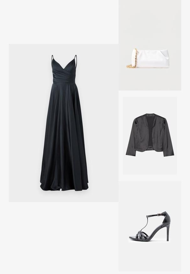 Zwart satijnen blazer met een gladde textuur, open voorkant, lange mouwen en een minimalistisch silhouet. Binnenin gelabeld als "ANNA FIELD".; Zwart satijnen avondjurk met een V-hals, een getailleerde corsage, dikke spaghettibandjes en een vloeiende A-lijn rok. Zachte, elegante textuur.; Zwarte lakleren hoge hak sandaal met dunne banden, T-bar ontwerp, gesp sluiting en een elegante, gebogen silhouet.; Witte zachte clutchtas met goudkleurige kettingriem versierd met heldere edelstenen, geplaatst tegen een effen lichtgrijze achtergrond.