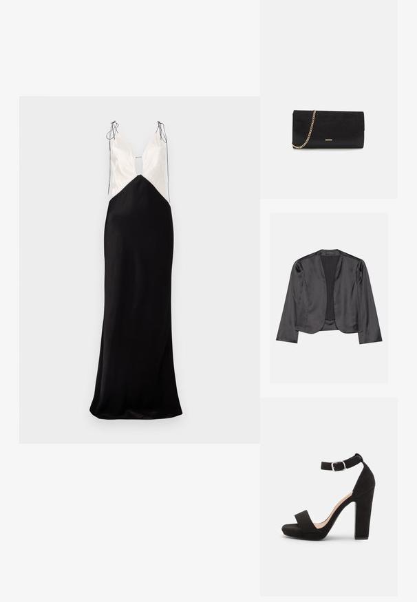Mustmustid blazer sujuva tekstuuriga, avatud esiosa disain, pikad varrukad ja minimalistik siluett. Sisel võimalik "ANNA FIELD".; Kätiseta pikk kleit, millel on musta satiini seelik ja kreemivärvi ülaosa, V-dekoltee ning kaeluse kaunistav lipsudetail õlgadel.; Anna Field by Zalando Sandaalid - black; Mustan sametist käekott, millel on tekstureeritud pind, kuldse kettstrapiga ja sujuva, nurgaaluse disainiga.