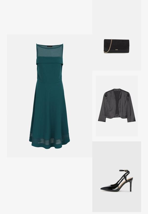 Blouson en satin noir avec une texture lisse, design à ouverte à l'avant, manches longues et silhouette minimaliste. Étiqueté "ANNA FIELD" à l'intérieur.; Robe sans manches bleu sarcelle foncé en forme trapèze, avec panneau transparent sur la partie supérieure de la poitrine, détail de tissu plissé sur la poitrine et bande transparente près de l'ourlet.; Escarpin en cuir verni noir à talon haut, avec un bout pointu, une bride réglable à la cheville et des côtés ouverts. Texture lisse.; Porte-monnaie noir en daim avec une finition texturée, doté d'une chaîne dorée et d'un design épuré et angulaire.