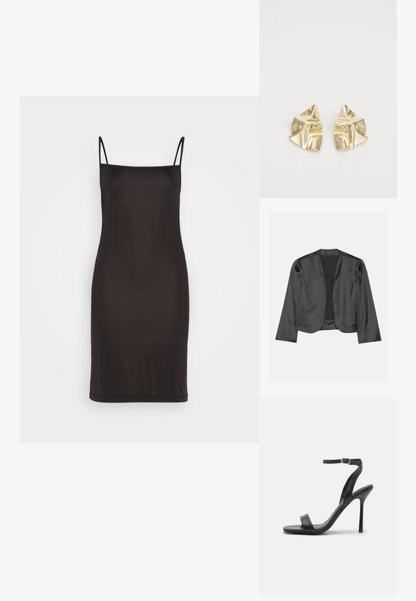 Blouson en satin noir avec une texture lisse, design à ouverte à l'avant, manches longues et silhouette minimaliste. Étiqueté "ANNA FIELD" à l'intérieur.; Robe noire à bretelles spaghetti fines, en tissu lisse, avec une silhouette ajustée qui tombe juste au-dessus du genou.; Sandale à talons hauts noire avec une fine sangle au niveau de la cheville et deux bandes à l'avant. Fabriquée en cuir lisse avec un bout pointu élégant et un talon aiguille.; Boucles d'oreilles en métal doré avec un design ondulé ; surface lisse et réfléchissante ; forme asymétrique ; sans motifs ni éléments visibles.