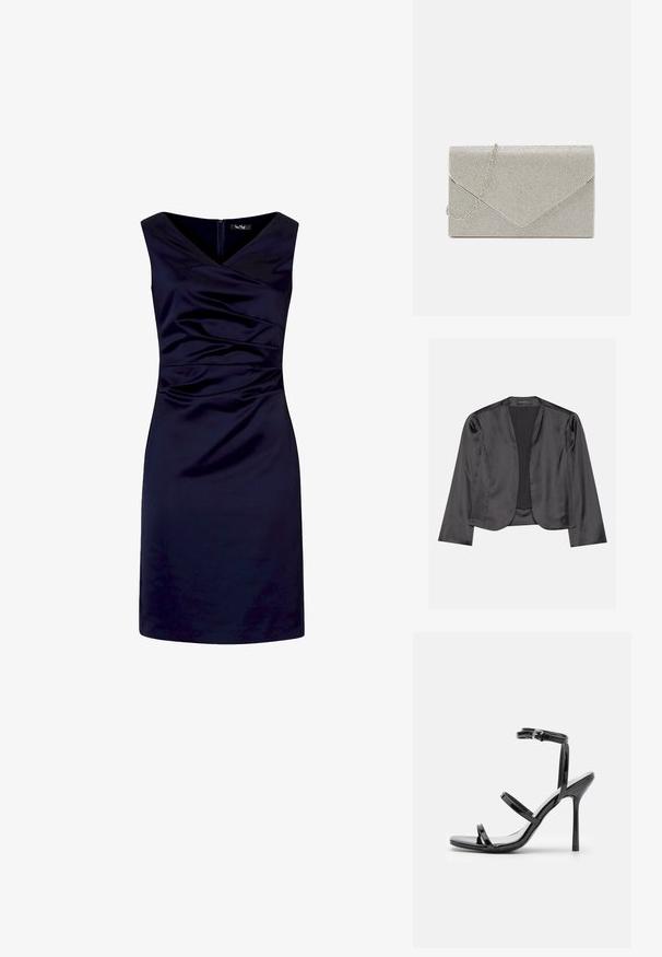 Blouson en satin noir avec une texture lisse, design à ouverte à l'avant, manches longues et silhouette minimaliste. Étiqueté "ANNA FIELD" à l'intérieur.; Robe sans manches bleu marine longueur genou avec décolleté en V, buste froncé et silhouette ajustée.; Sandales à talons hauts en cuir verni noir avec trois sangles horizontales et une sangle de cheville ajustable. Silhouette élégante et finition brillante.; Pochette argent métallique au design d'enveloppe, ornée d'un motif texturé, avec une chaîne amovible.