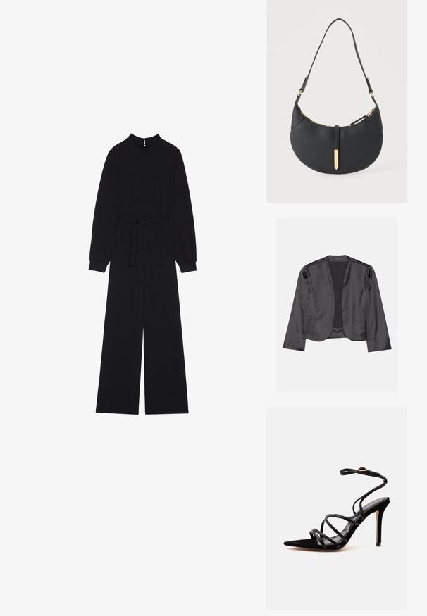 Blouson en satin noir avec une texture lisse, design à ouverte à l'avant, manches longues et silhouette minimaliste. Étiqueté "ANNA FIELD" à l'intérieur.; Combinaison noire à manches longues, col montant, taille ceinture avec boucle ronde, et pantalon large. Tissu lisse au design minimaliste.; Sandale noire à talon haut, bout pointu, fines brides croisées et bride de cheville avec boucle dorée sur un fond clair uni.; Sac à main noir en forme de croissant avec une bandoulière unique, une fermeture éclair dorée et une languette décorative rectangulaire dorée à l'avant.