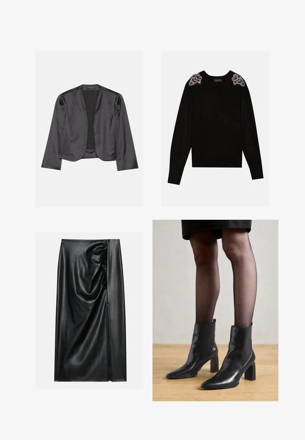 Schwarzer Satin-Blazer mit glatter Textur, offenes Vorderdesign, lange Ärmel und minimalistischer Silhouette. Innen mit dem Etikett "ANNA FIELD".; Anna Field Strickpullover - black; Schwarzer Lederrock mit glatter Textur, der auf einer Seite einen gerafften Abschnitt und einen seitlichen Schlitz für zusätzlichen Detailreichtum aufweist.; Schwarze Leder-Ankle-Boots mit spitzer Zehenform, klobigem quadratischem Absatz und schlankem Design. Verfügt über elastische seitliche Einsätze für leichtes An- und Ausziehen.