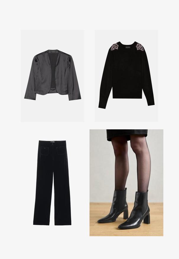 Schwarzer Satin-Blazer mit glatter Textur, offenes Vorderdesign, lange Ärmel und minimalistischer Silhouette. Innen mit dem Etikett "ANNA FIELD".; Anna Field Strickpullover - black; Schwarze Samt-Hosen im weit geschnittenen Stil mit zwei Gesäßtaschen und einer glatten Textur, ausgestattet mit einem geraden Schnitt und einem gesäumten Abschluss an den Knöcheln.; Schwarze Leder-Ankle-Boots mit spitzer Zehenform, klobigem quadratischem Absatz und schlankem Design. Verfügt über elastische seitliche Einsätze für leichtes An- und Ausziehen.