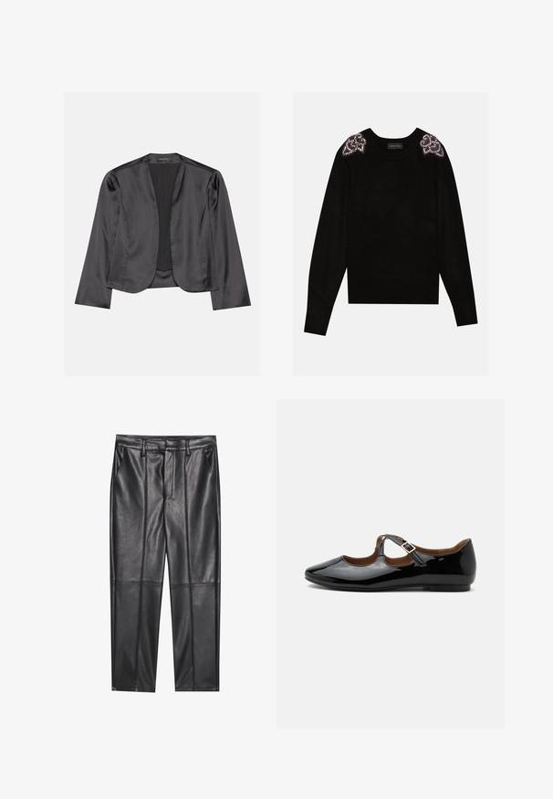 Sort satin blazer med en glat tekstur, åben frontdesign, lange ærmer og minimalistisk silhuet. Mærket "ANNA FIELD" indeni.; Anna Field Striktrøje - black; Sorte læderbukser med en glat overflade, der har lige pasform, to forlommer og synlige sømdetaljer.; Sort laklæder Mary Jane-flad sko med to udskæringer og en guldbuckelrem på hvid baggrund.