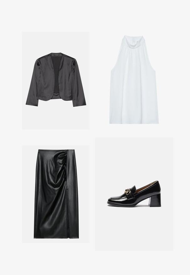 Sort satin blazer med en glat tekstur, åben frontdesign, lange ærmer og minimalistisk silhuet. Mærket "ANNA FIELD" indeni.; Hvid ærmeløs top med høj hals, der har blødt stof, sammensyning ved halsudskæringen og en skjult lynlås i ryggen.; Sort læderskirt med en glat overflade, der har en indsamlet sektion på den ene side og en skråning på siden for ekstra detaljer.; Sorte patentlæder hæl loafers med rund tå, kraftigere hæl og en guldfarvet hardwaredetalje på den forreste rem.
